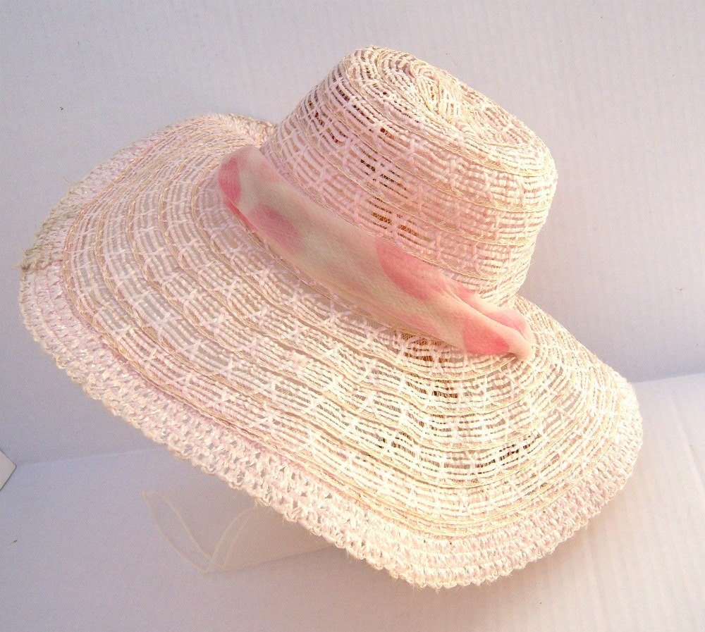 Vintage pink taffy floppy hat // boho chiffon tie