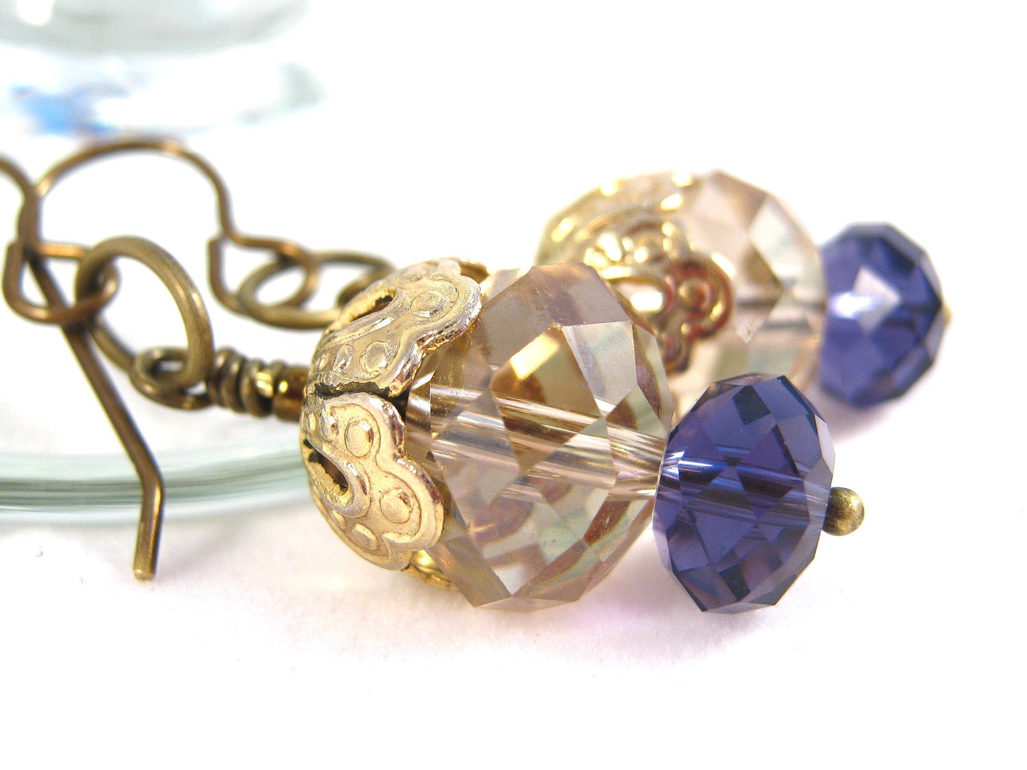 Crystal Earrings Vintage Brass Champagne Purple Velvet Sparkle Elegant Glamorous Fashion Jewelry