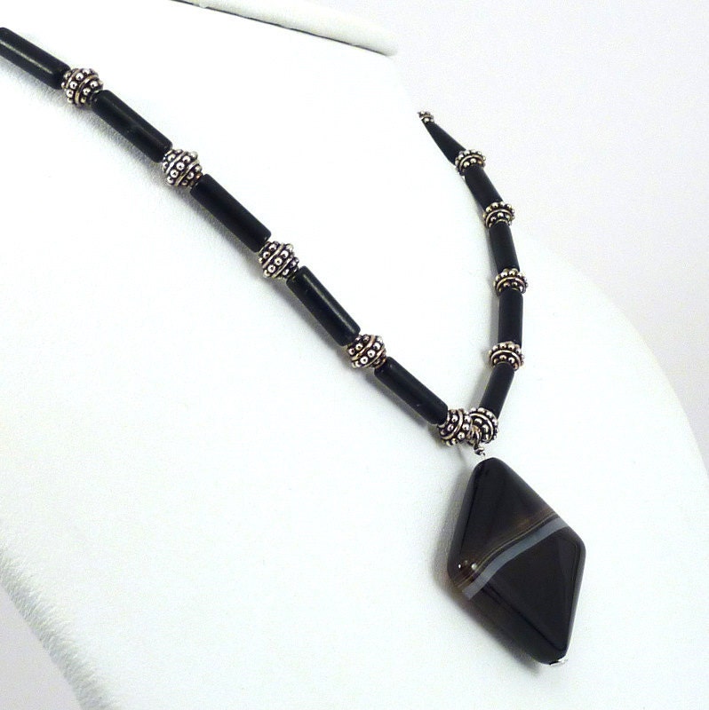 Black White Necklace Sardonyx Pendant Sterling Silver Accents