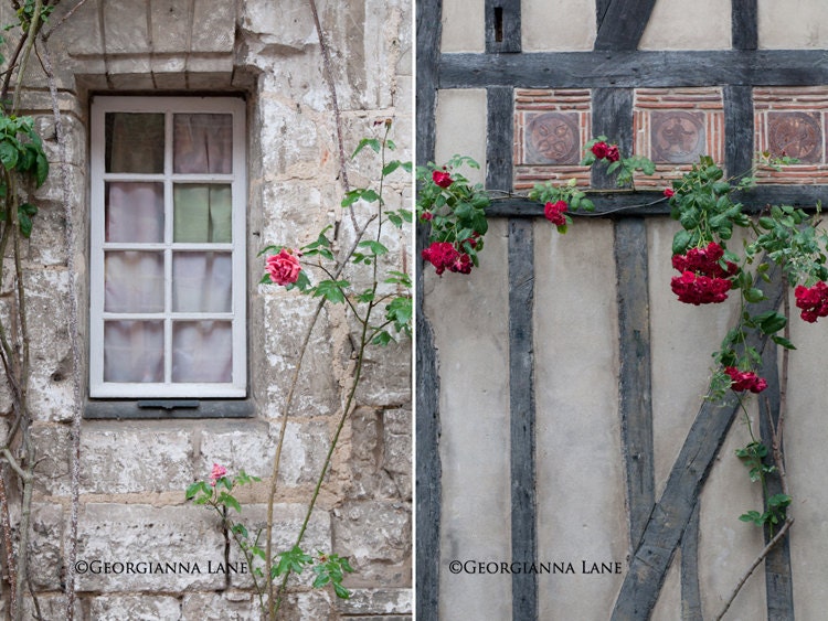 Medieval Walls Set of two 5 x 7 Fine Art Travel Photographs, Picardy, France, countryside, nostalgic roses, medieval houses