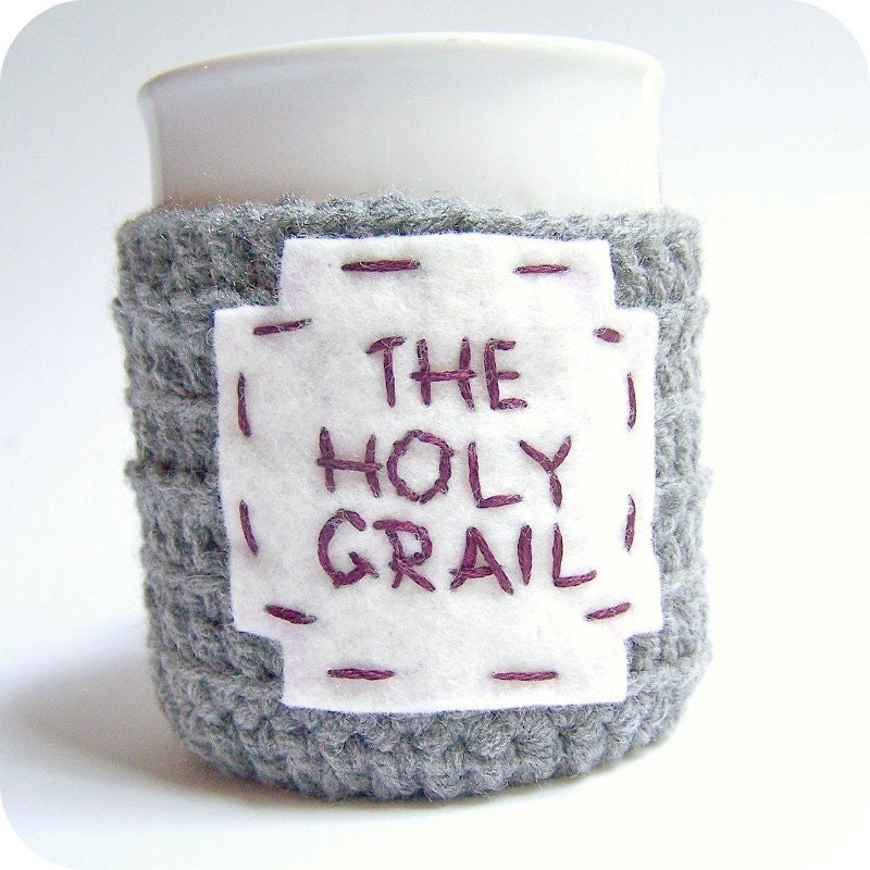 Funny Coffee Mug Tea Cup Cozy Holy Grail gray white purple crochet