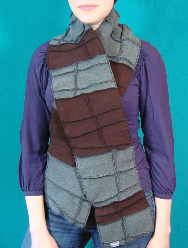 Gray and Brown Scarf, vegan, Recycled Fleece, black thread details, made by xmittens on etsy