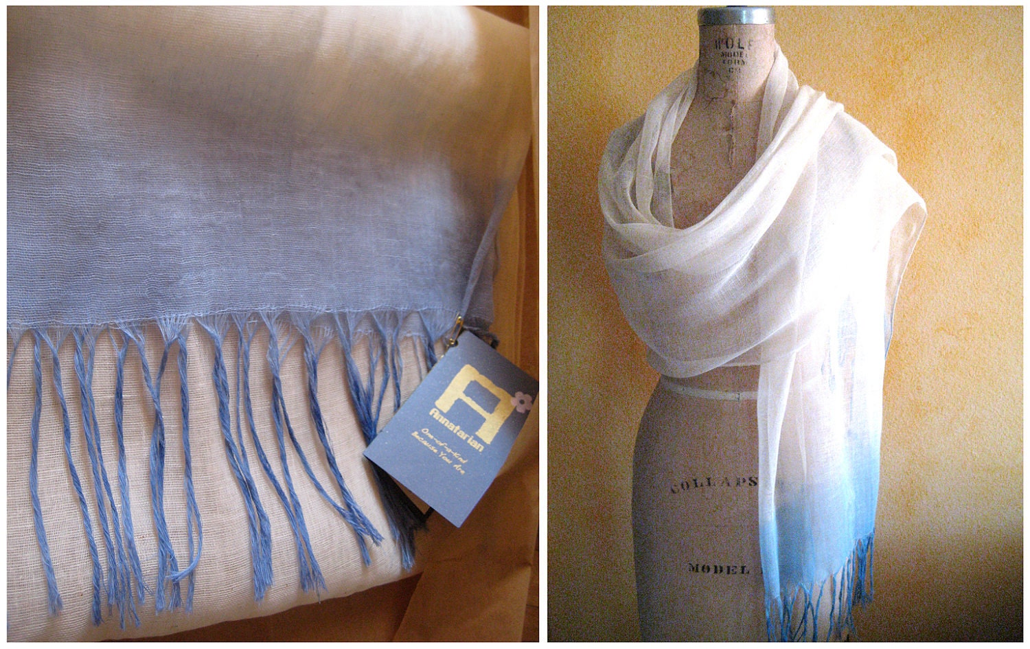 Annatarian Custom Made Hand Dyed, Hand Fringed, Eco Shawl Made of Remnant Cotton Barège Fabric