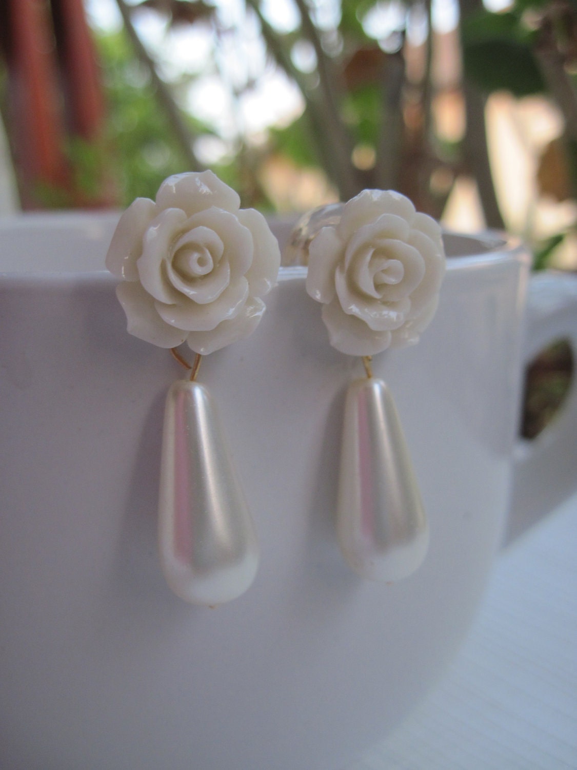 White Flower and Pearl Post Earrings