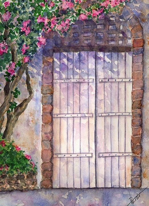 Old White Gate, Pink Flowers, Watercolor, Digital Print, purple and white, 14x11 inches