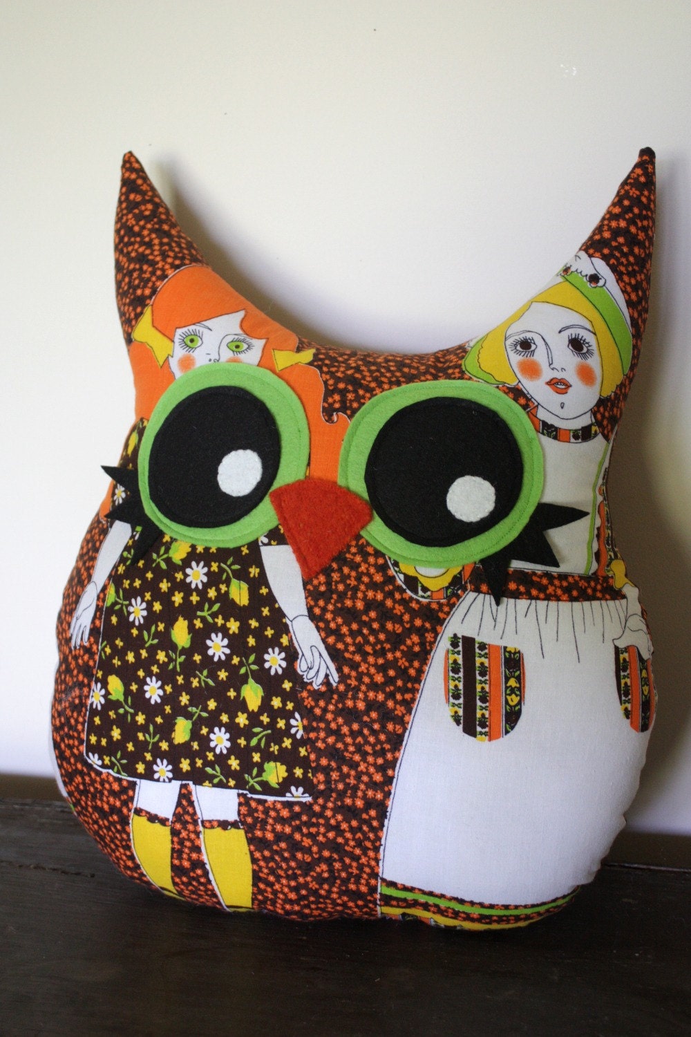 large handmade owl pillow, eco friendly, 70s vintage fabric doll pattern