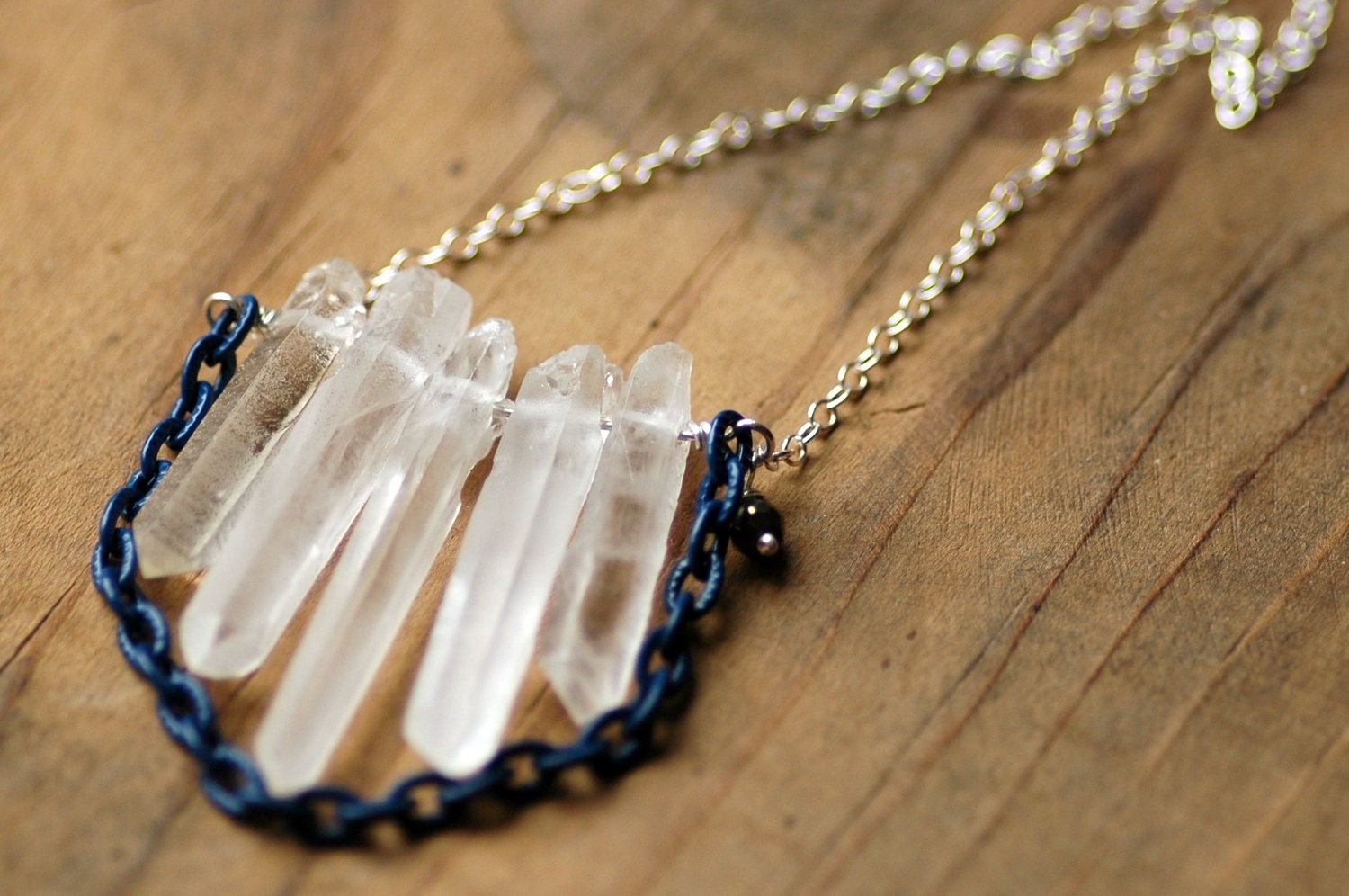 Quartz Crystal, Pyrite, Vintage Enameled Chain Necklace - Epee Blue