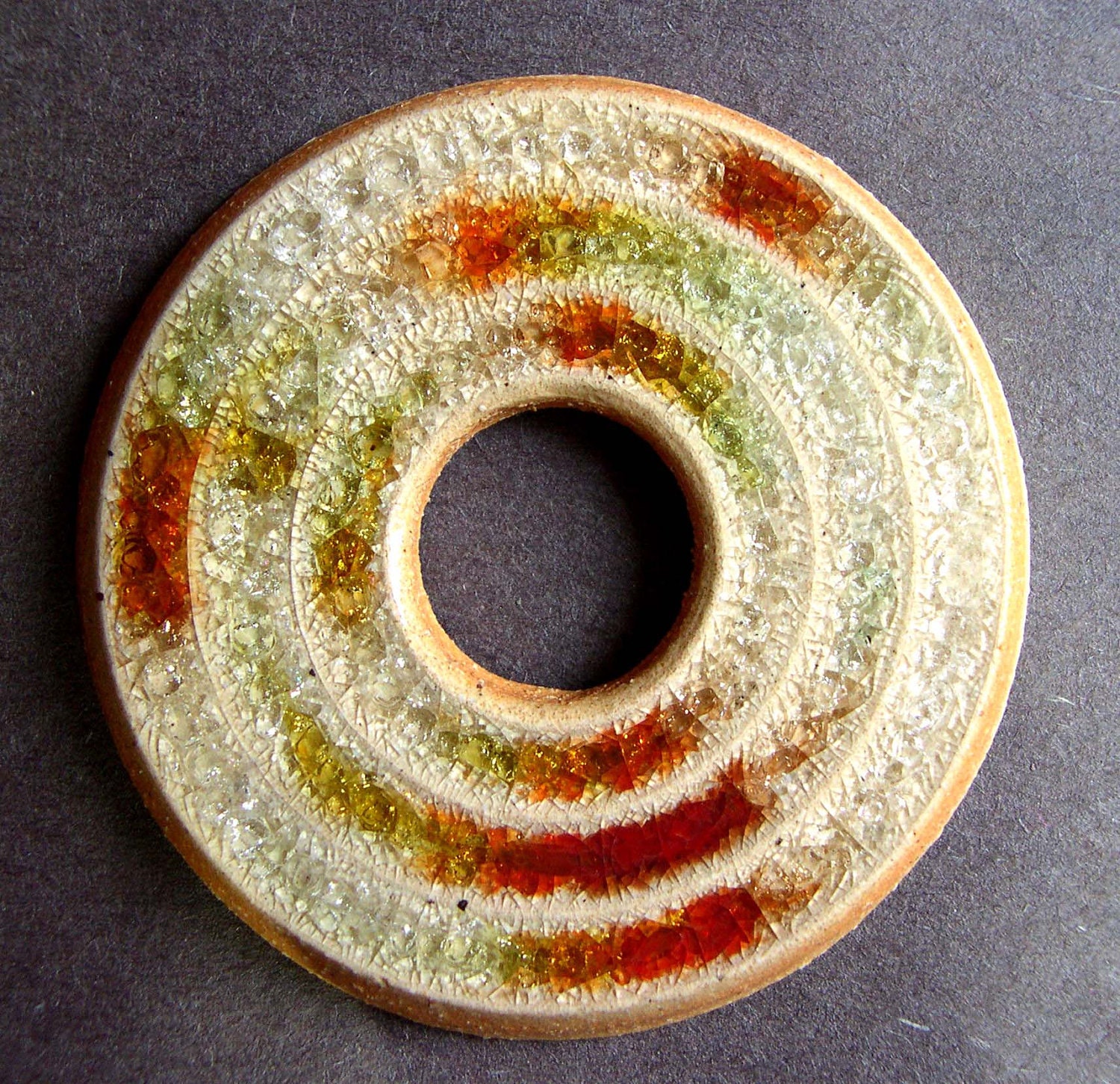 Ring of Fire Wheel Thrown Stoneware Clay and Fused Glass Pendant or Necklace