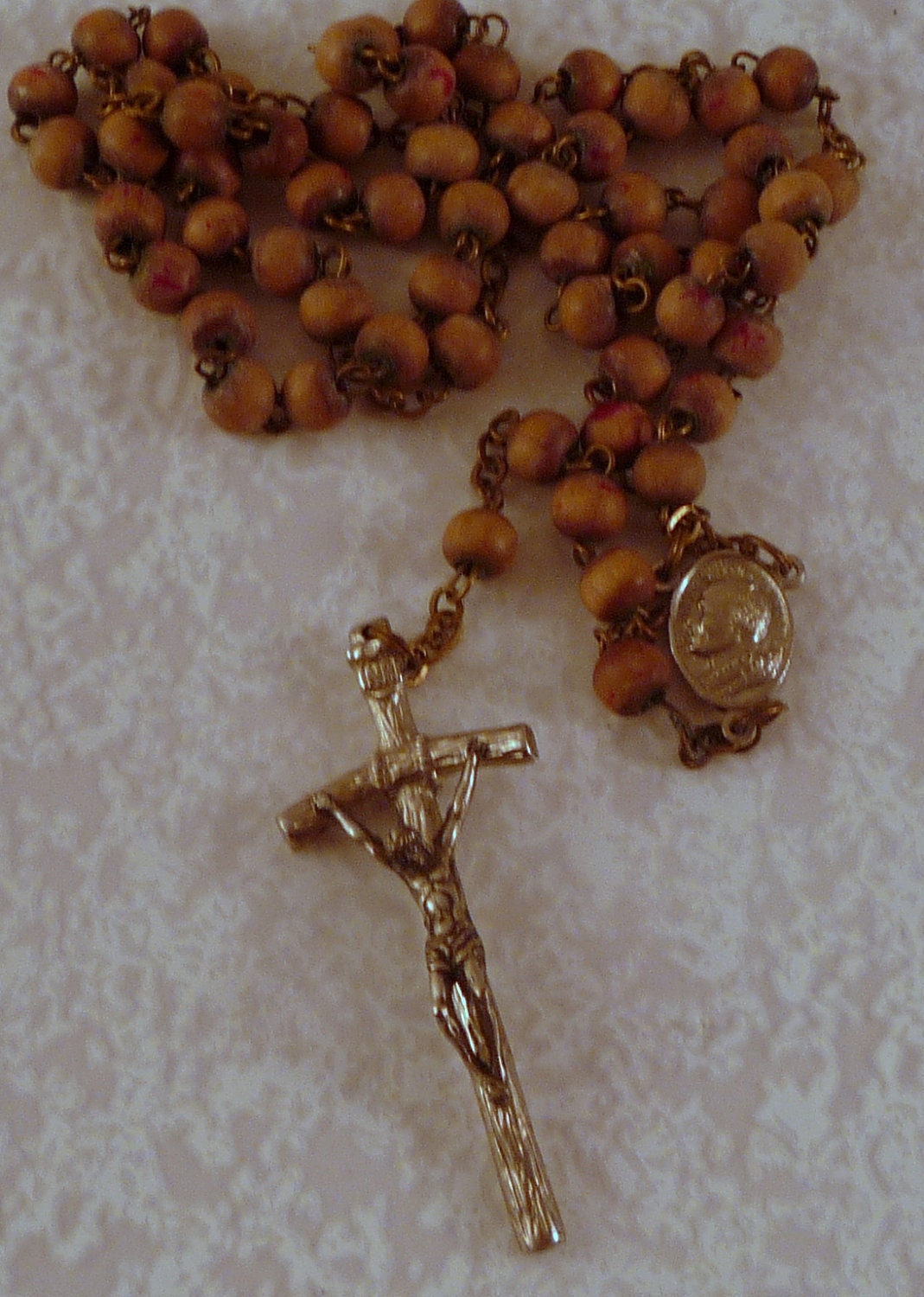 Vintage  Crucifix  brown wood bead with red  Rosary  Paulus II TLC Craft