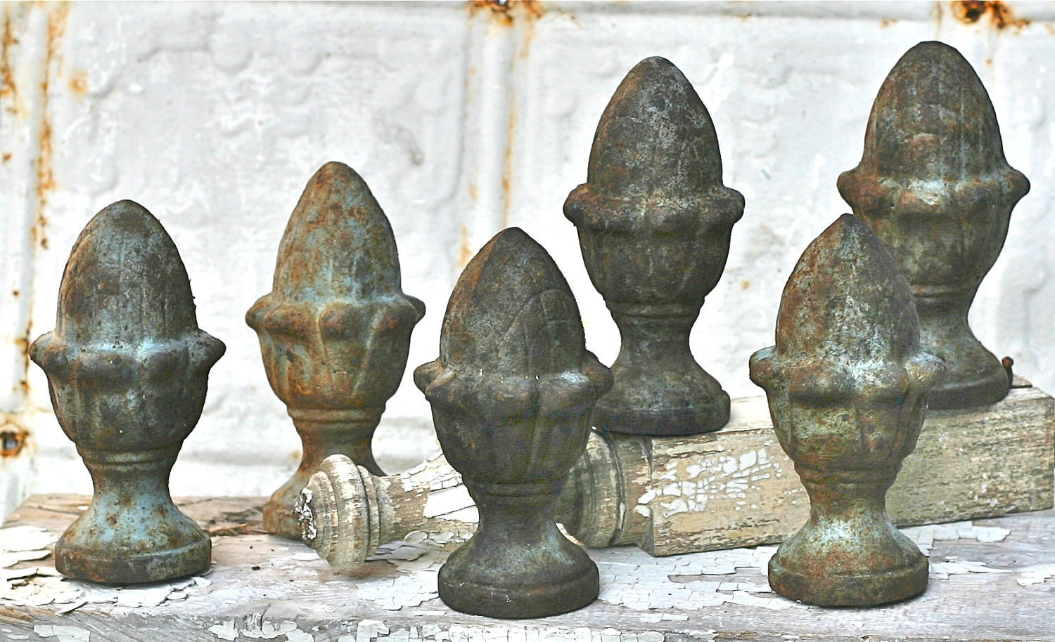 Vintage Cast Iron Garden Finial Rusty Blue Shabby Pineapple Top