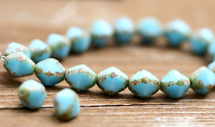 Czech Glass Picasso beads Turquoise Blue Rustic Olive Green Bicone Spacers - 8x6mm - 25Pc - 056