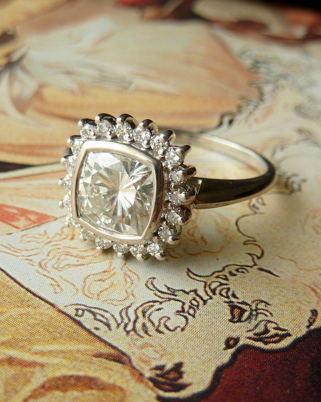 Antique Square Moissanite and Diamond Halo Ring