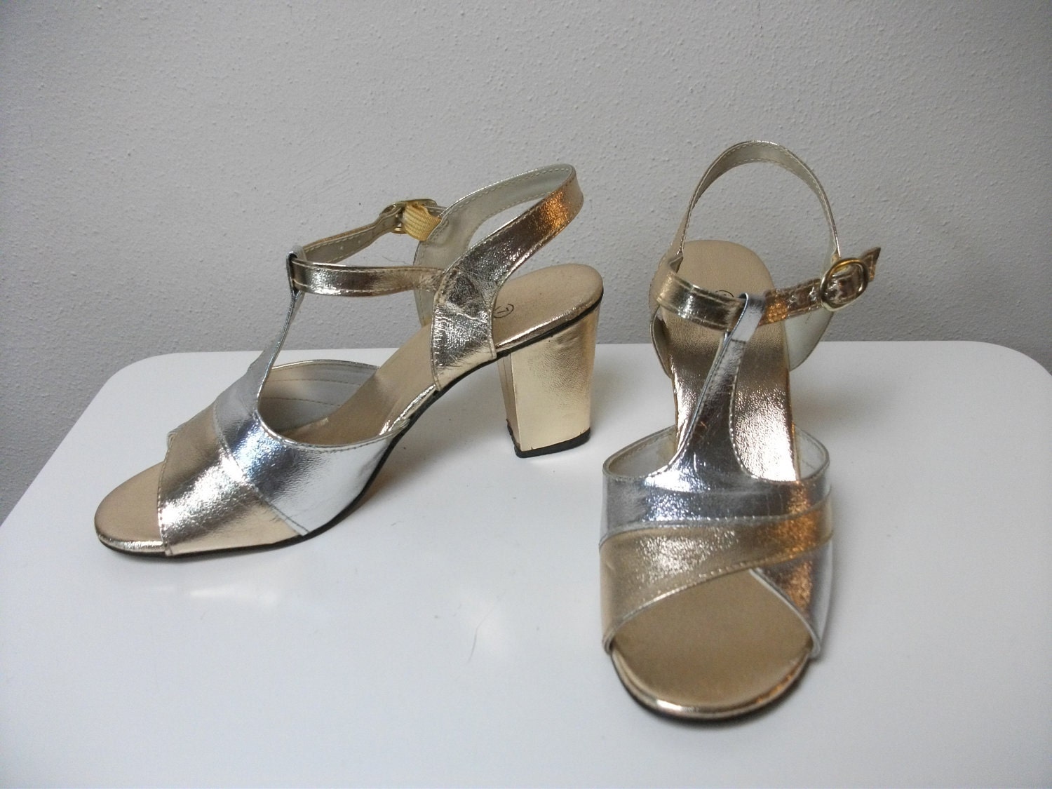 60's Silver and Gold Metallic T Strap Heels, Size 7 Vegan