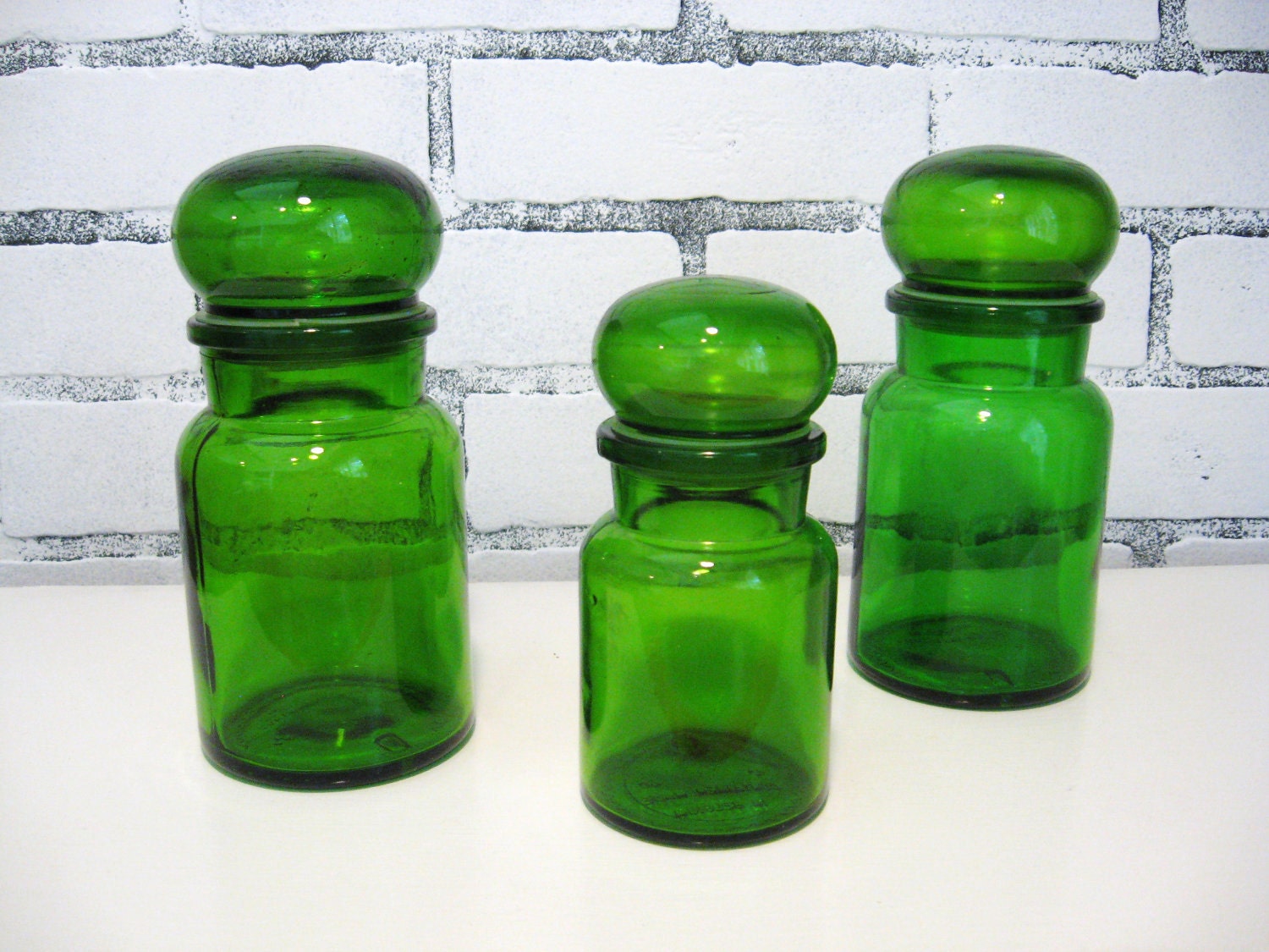Trio of Vintage GREEN GLASS Bubble Top Lidded Container Jars