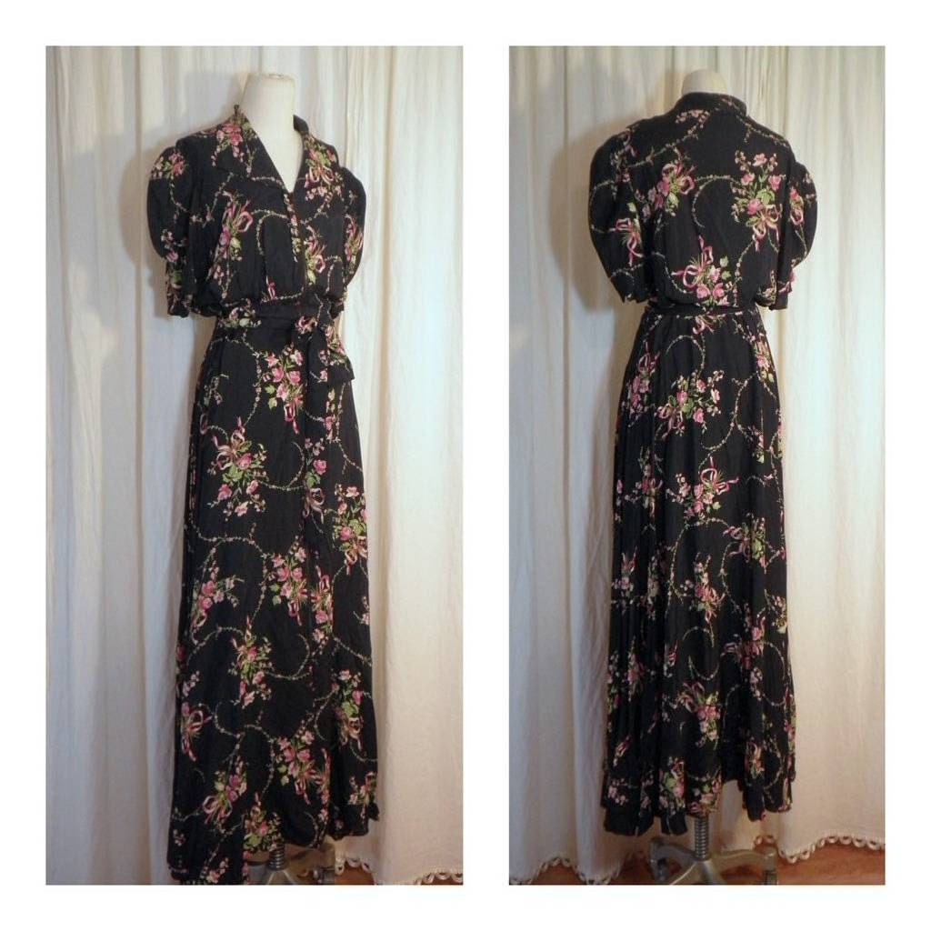 Floaty 1930's Vintage Black and Pink Floral Evening Hostess Gown / Dress by KAMORE, M/L