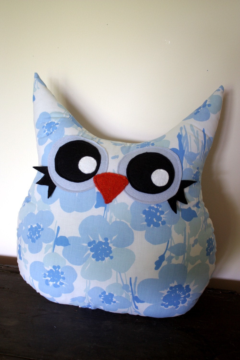 handmade stuffed owl pillow plush in blue flowers- vintage fabric