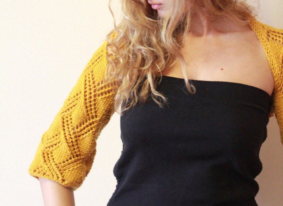 Ladies lacy crossing pattern shrug in Honey