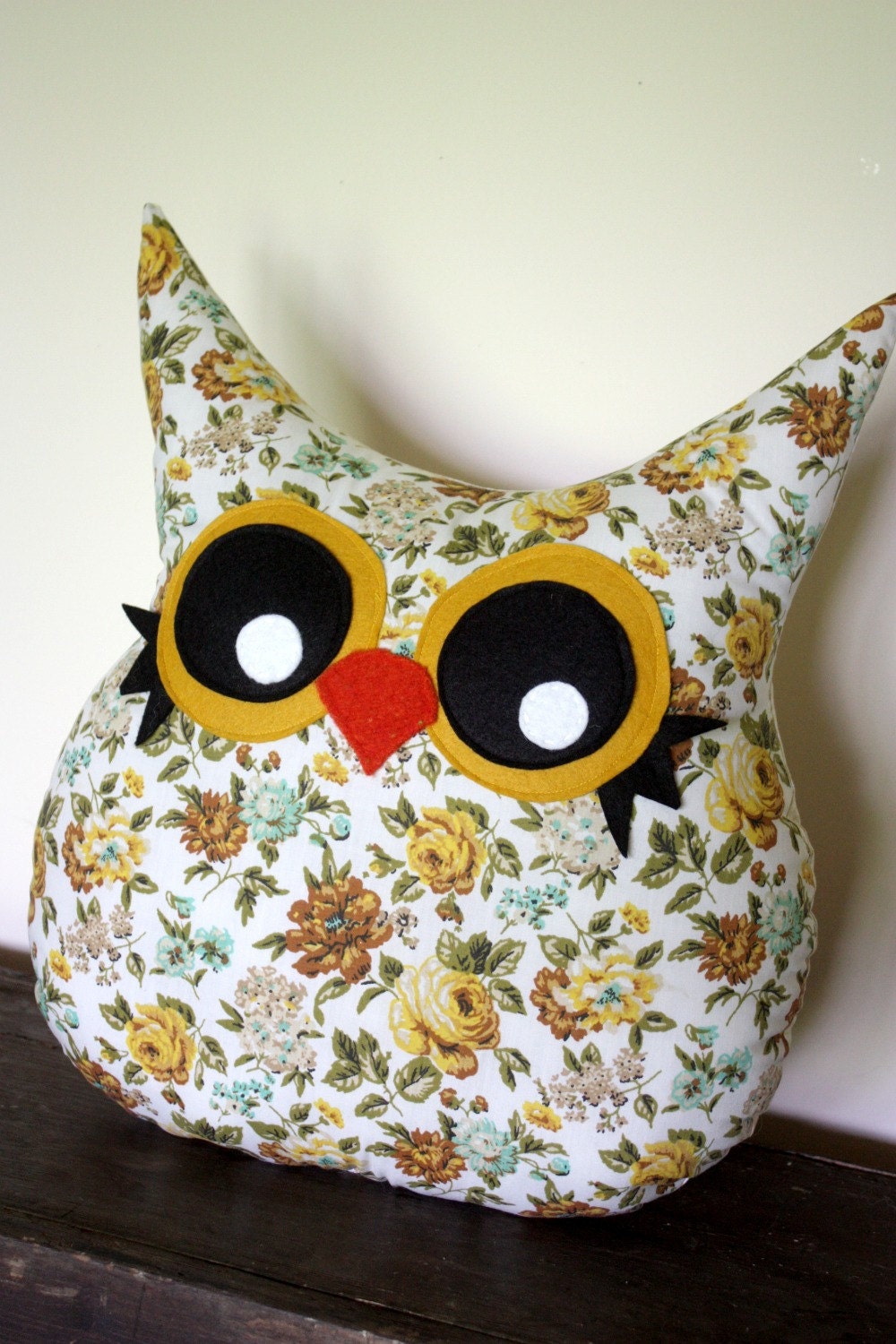 owl pillow plush, owl stuffed animal in brown and gold flowers- eco friendly- vintage fabric