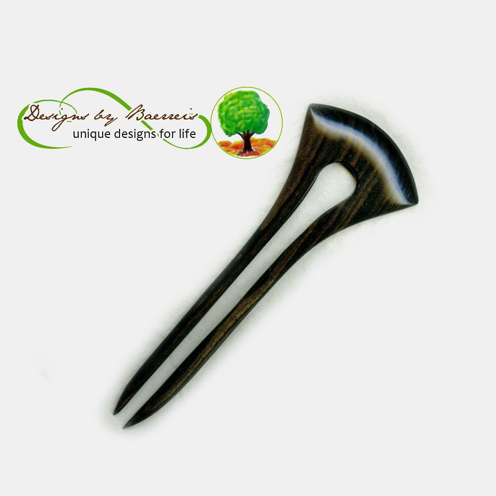 Simple Black Hair Fork - Hand Carved Macassar Ebony Wood - Egyptian Style - 6inch functional prong Length