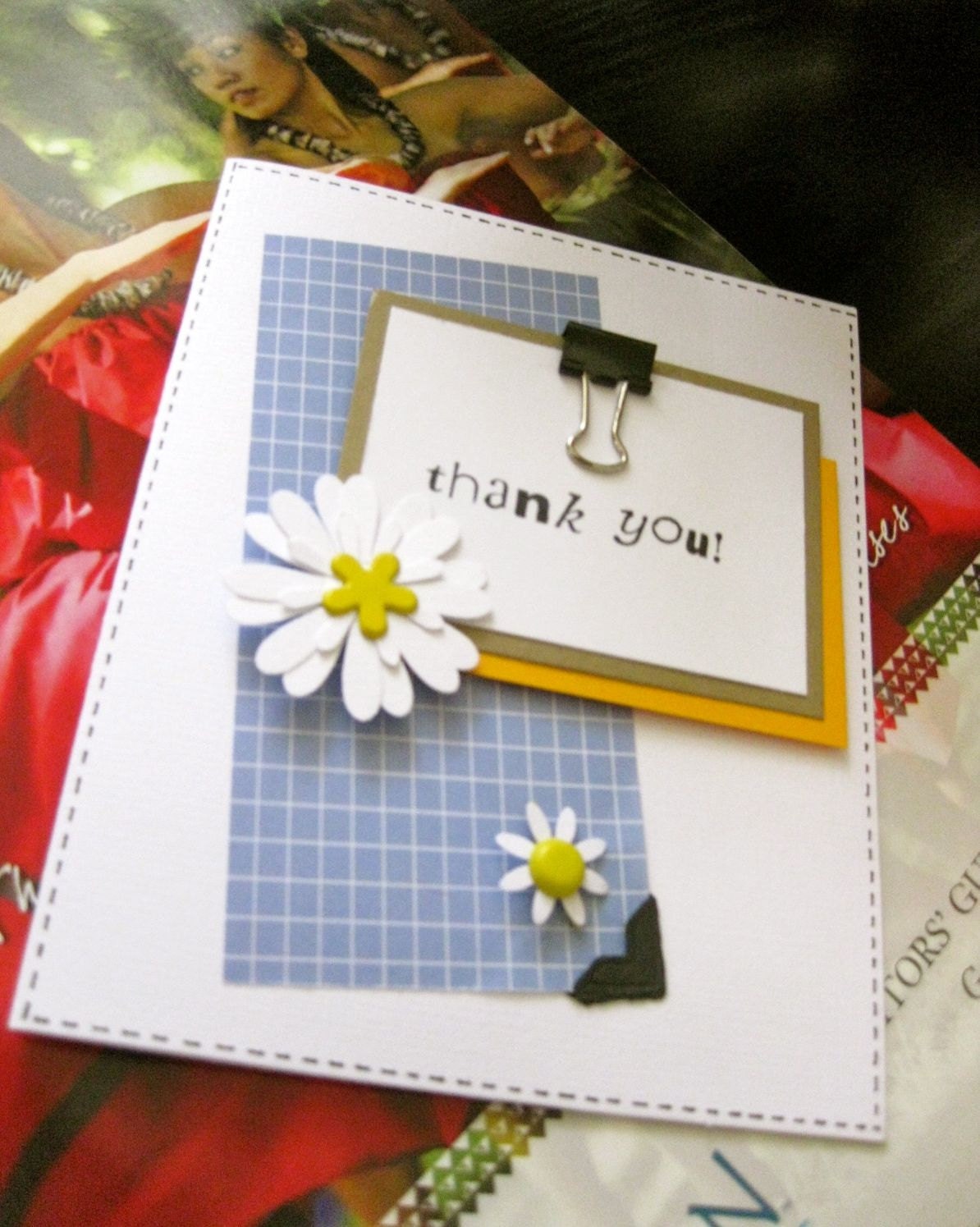 thank you note card, unique thank you card, 3D, flowers, real paperclip, plaid pattern