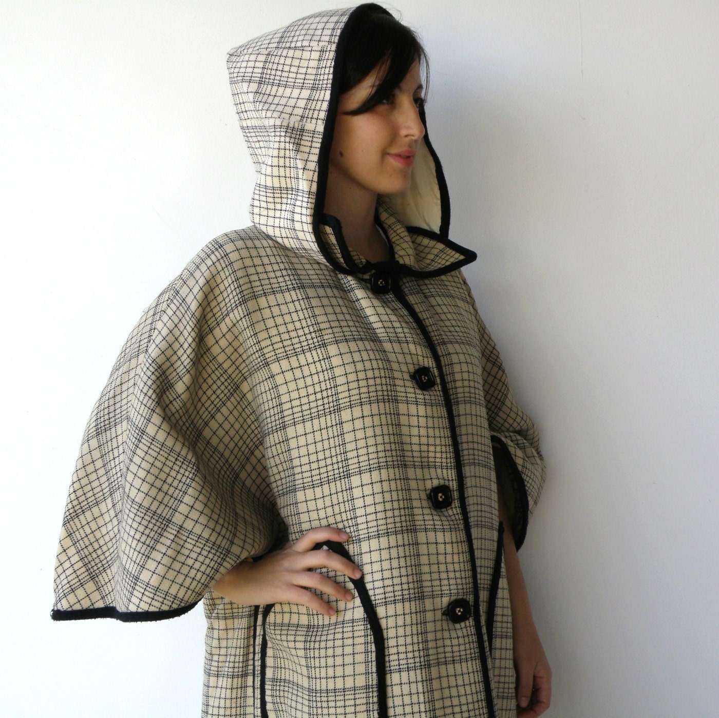 Vintage Cream and Coal Square Button-Up Hooded Cape-Coat