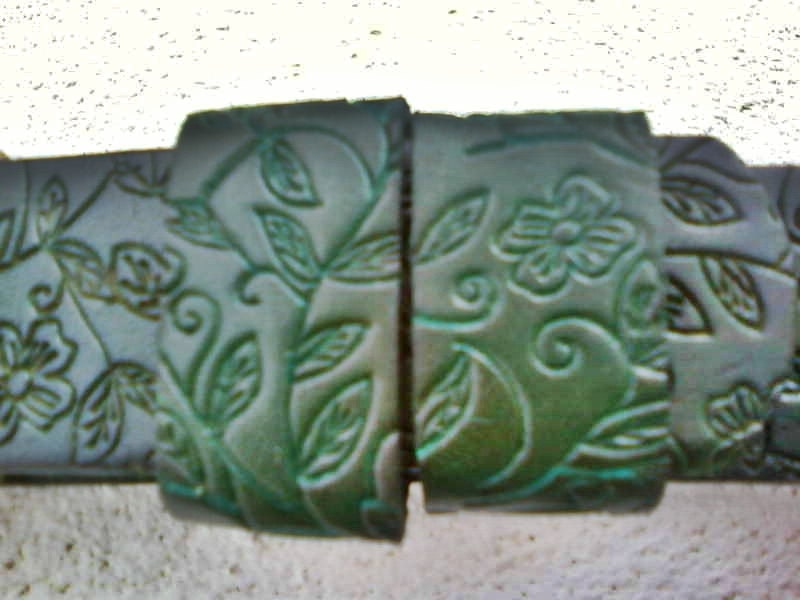 SALE dark green carved leather womans belt with brass buckle by g2p