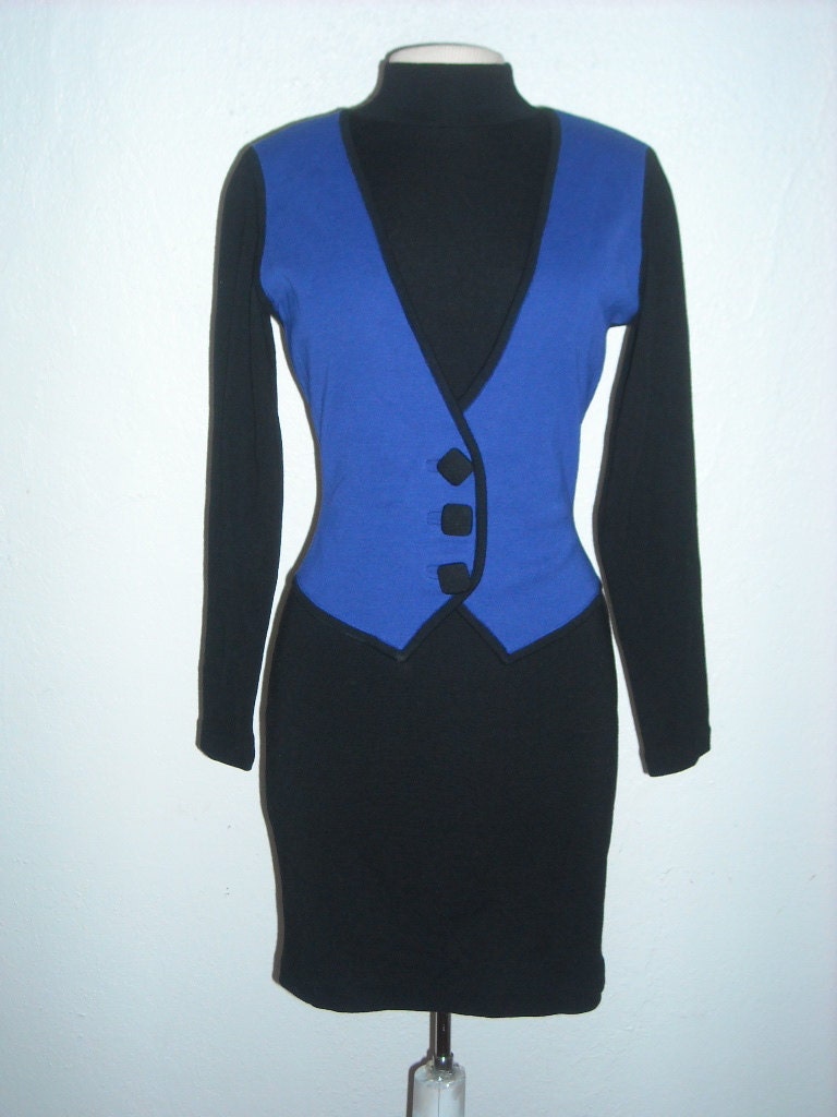 Vintage 80s Andrea Jovine Black Wool Knit Body Con Color Block Mini Sweater Dress P
