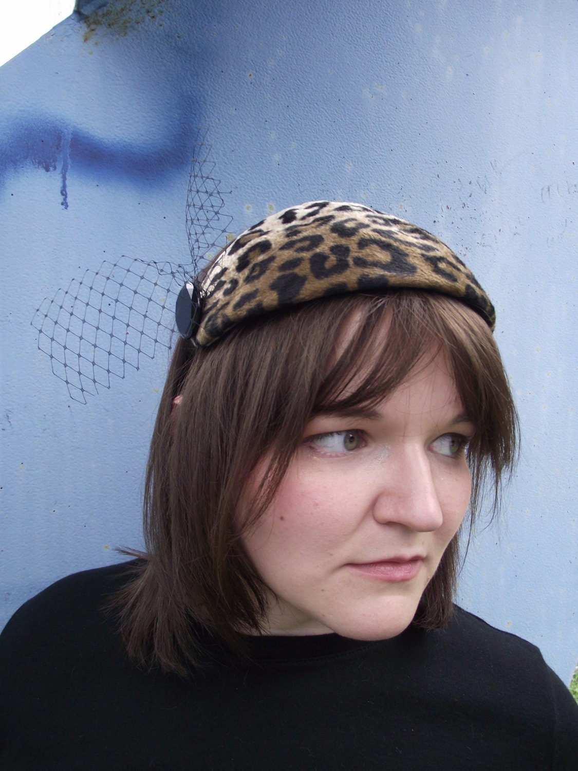 Lucinda- Leopard Velvet Millinery Half Hat with Vintage Glass Faceted Button and Veiling