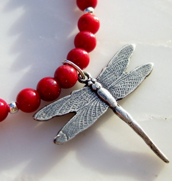 Red Coral Gemstone Necklace, Sterling Silver Necklace - 'Red Flame Dragonfly' Necklace, Woodland Creatures - Handmade