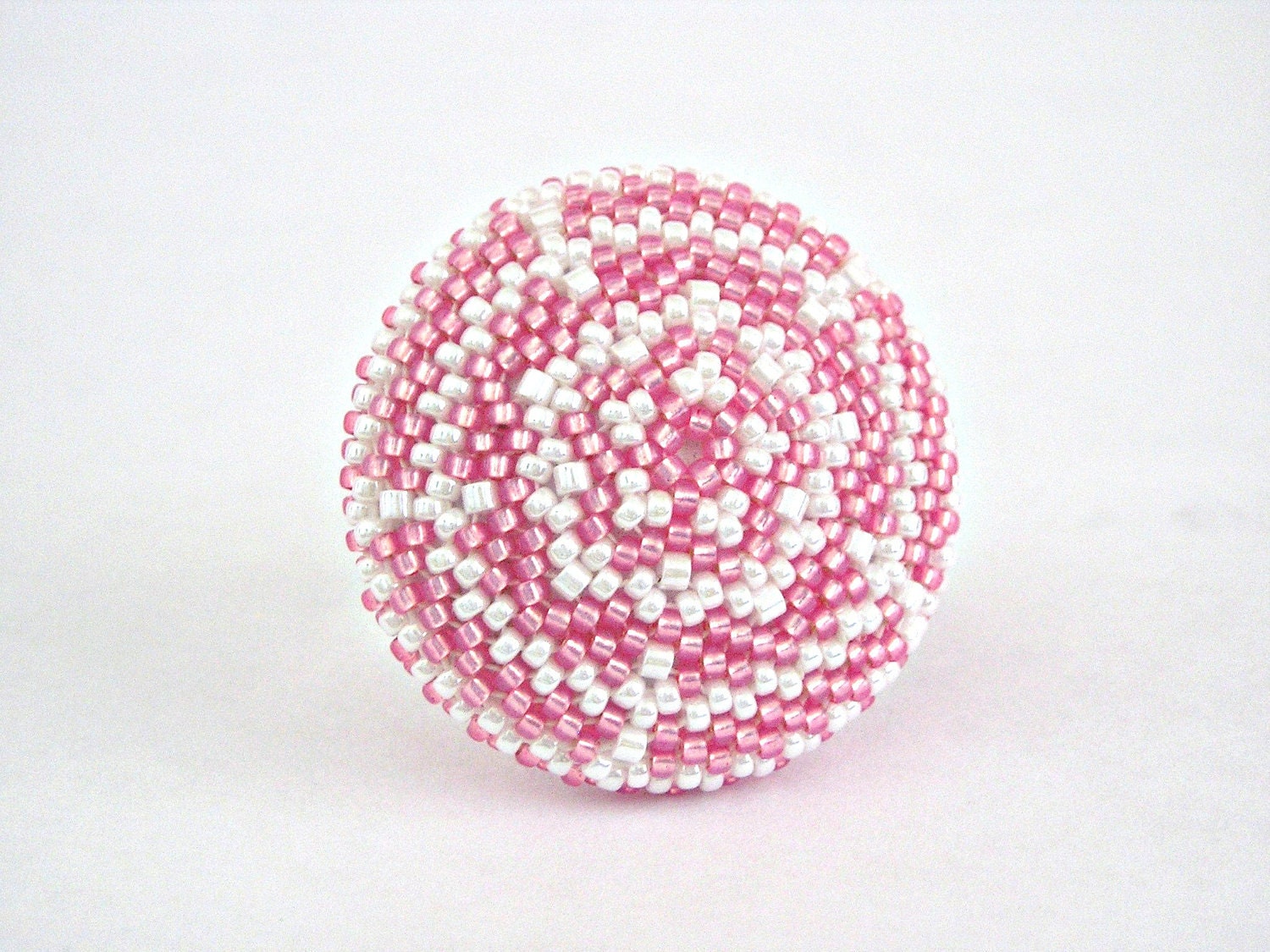 Pink and white peyote stitched big disc ring