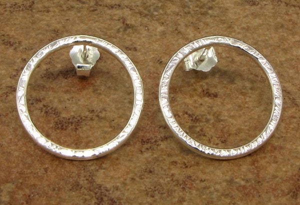 Medium Circle Post Earrings in sterling silver with small lines texture