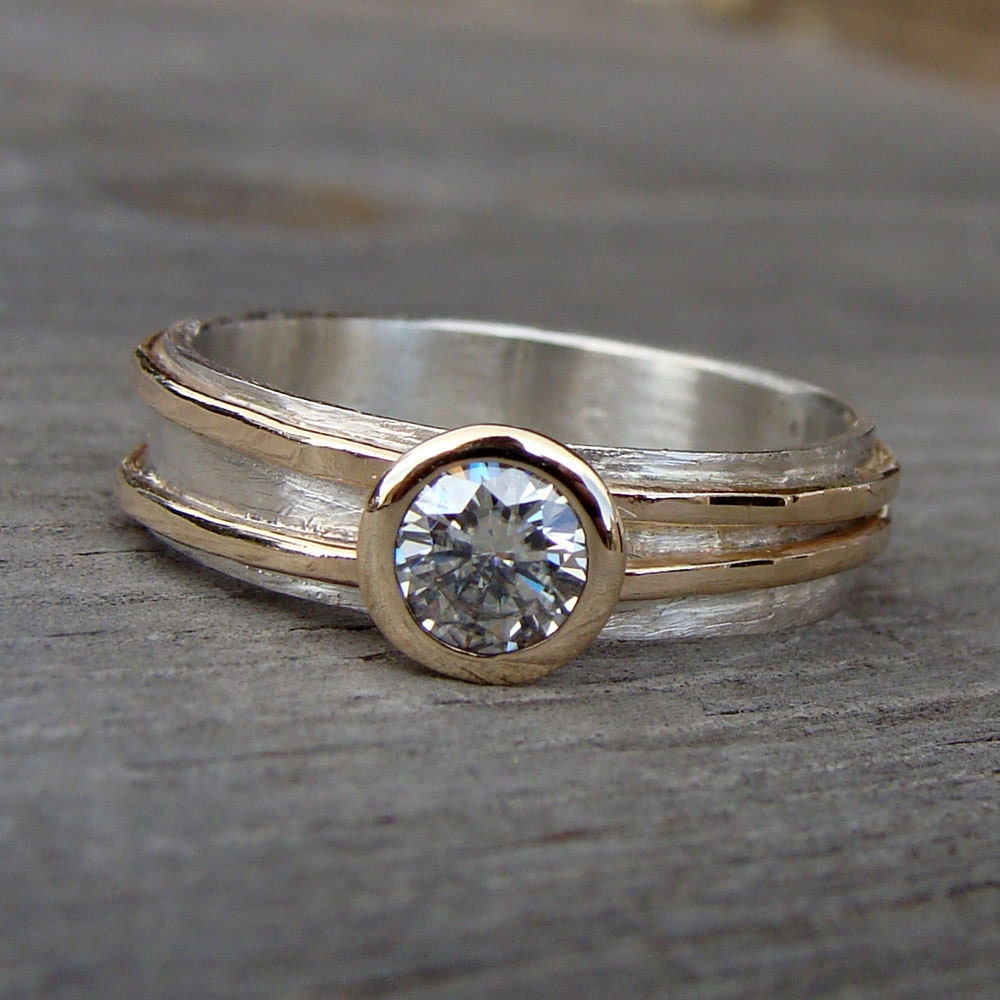 Moissanite, Recycled 14k Yellow Gold, and Recycled Sterling Silver Ring, Made to Order
