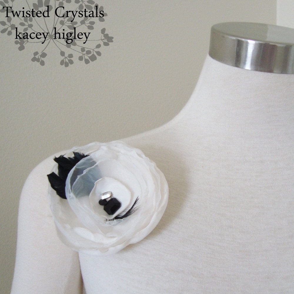 Large bridal flower in ivory and black, filled with vintage Swarovski crystals and dusted with feathers. Ready to ship