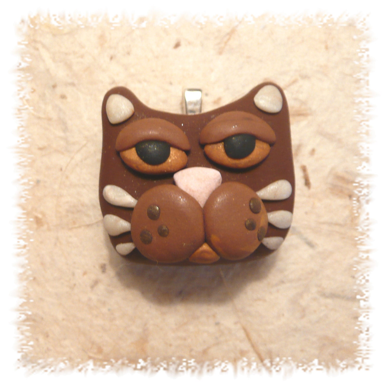 Cat Face Pendant Brown Tan Gold - handmade polymer clay jewelry