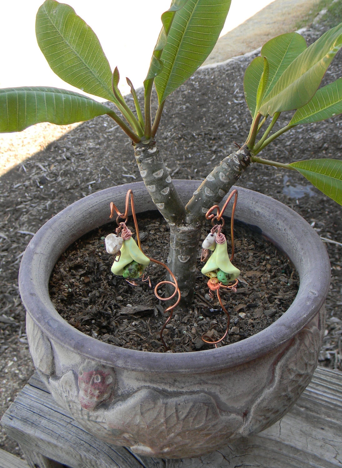 Clay, Wire, Bead Pot Charmer, Plant Stake, Yellow, Green, Orange-2