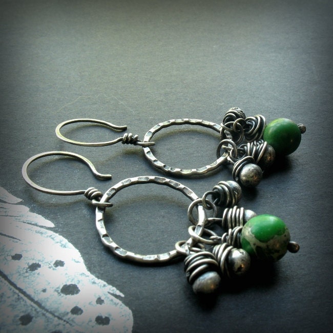 Handmade Earrings - Beaded Sterling Silver and Aqua Terra Rustic Textured Fringed Circle Hoops - California