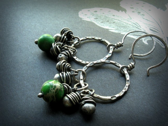 Handmade Earrings - Beaded Sterling Silver and Aqua Terra Rustic Textured Fringed Circle Hoops - California