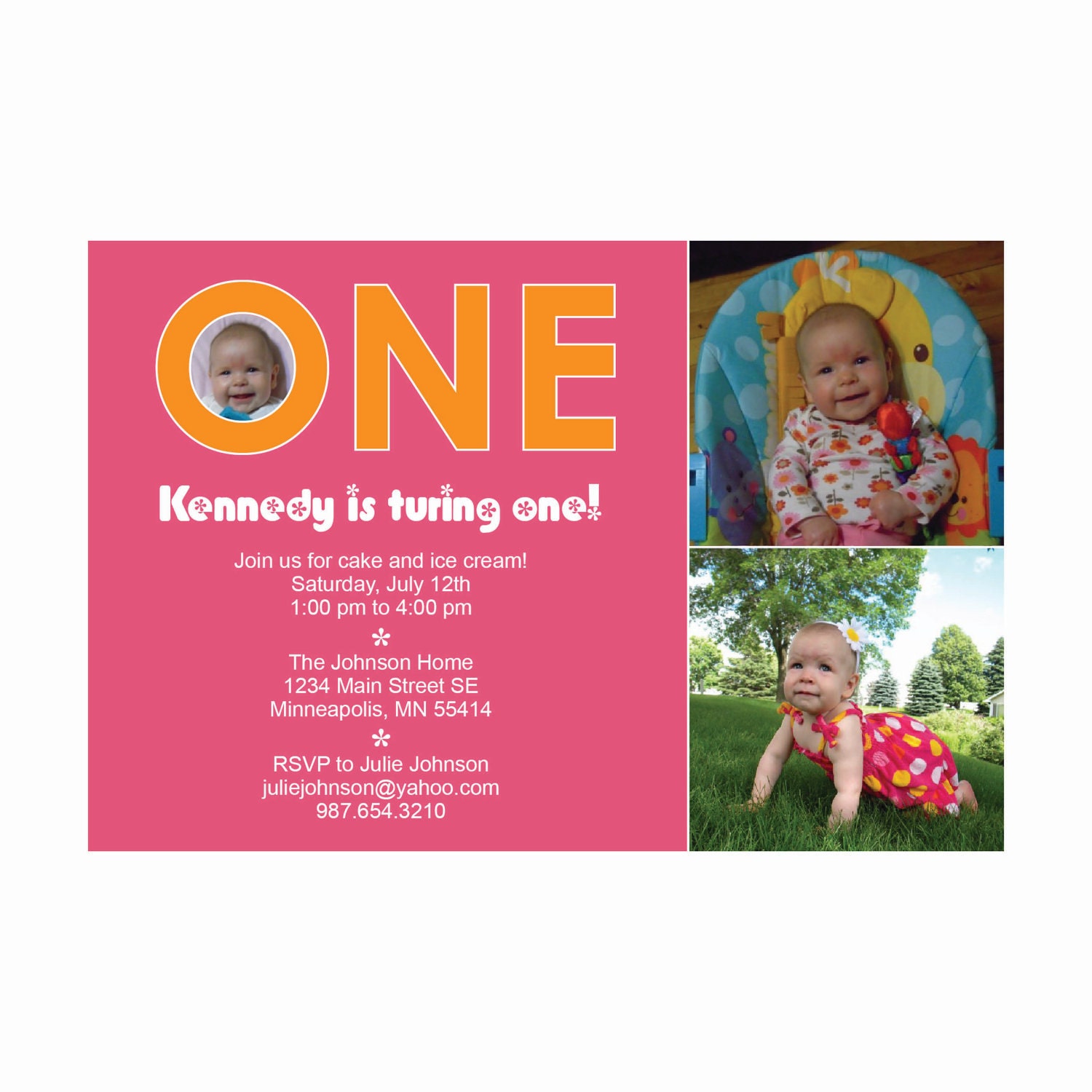 Printable Pink and Orange First Birthday Invitation