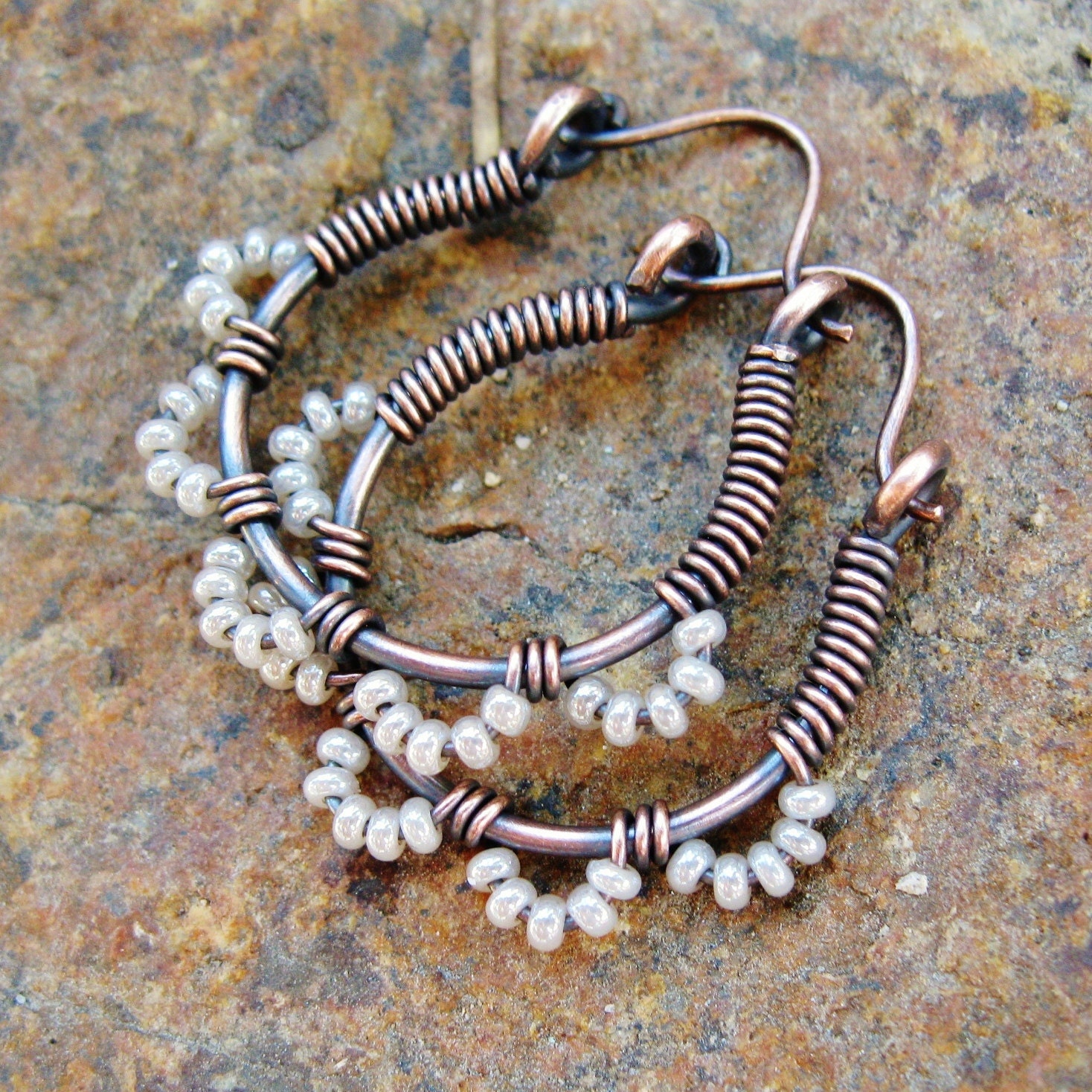 Ruffle Bottom Hoops - pearly white and antiqued copper cuties