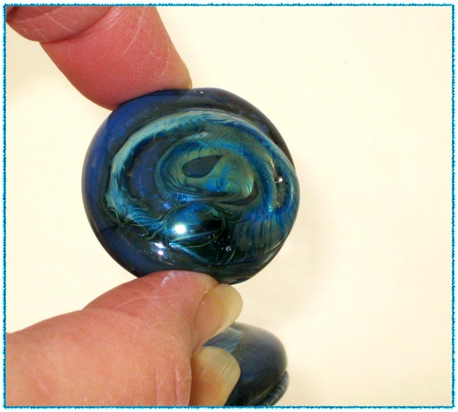 Handmade Glass Lampwork Bead in Teal Blue- Focal Art Bead - Large Lentil - SRA - Speeler $7.99