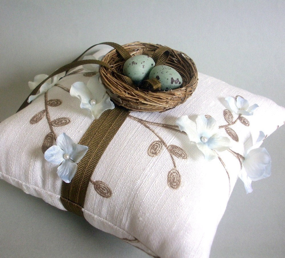 Ivory, Pale Blue and Brown Ring Bearer Pillow with Flower Accents, Bird Nest and Robin Eggs - Nested