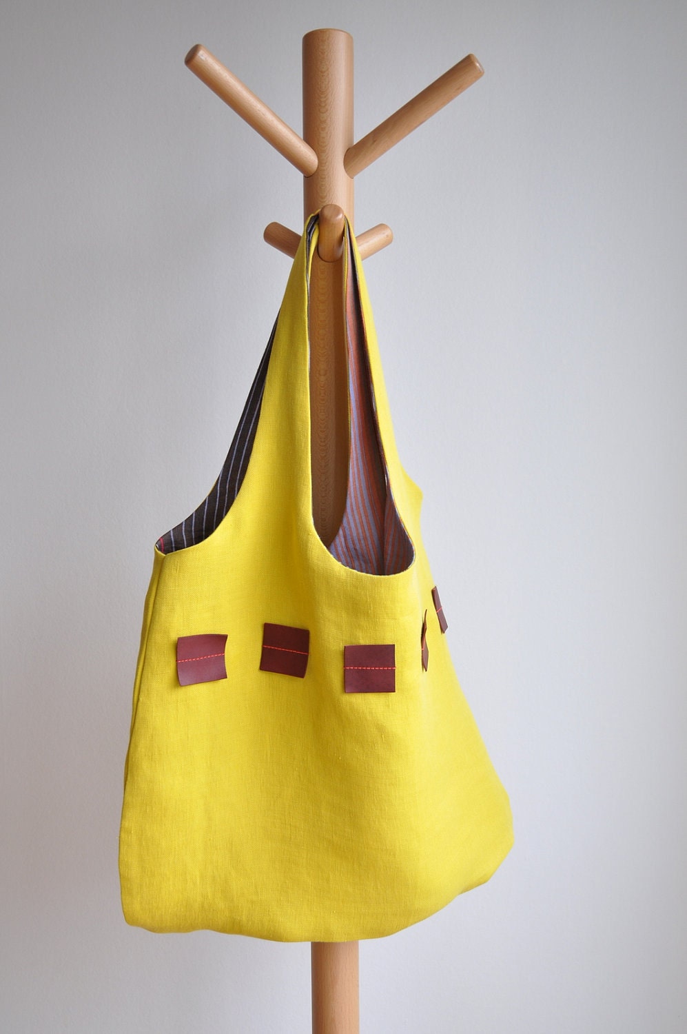 Yellow linen tote with leather squares