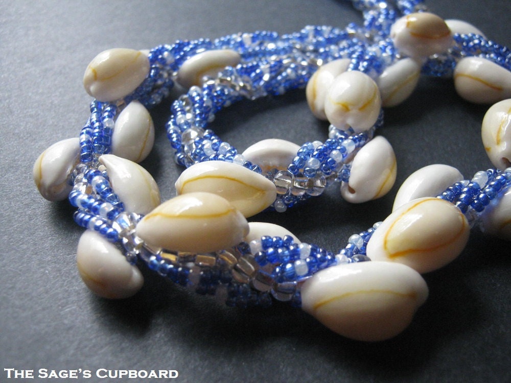 Blue Cowry Necklace. Beaded Spiral with Real Shells Handmade Rope Beach Necklace