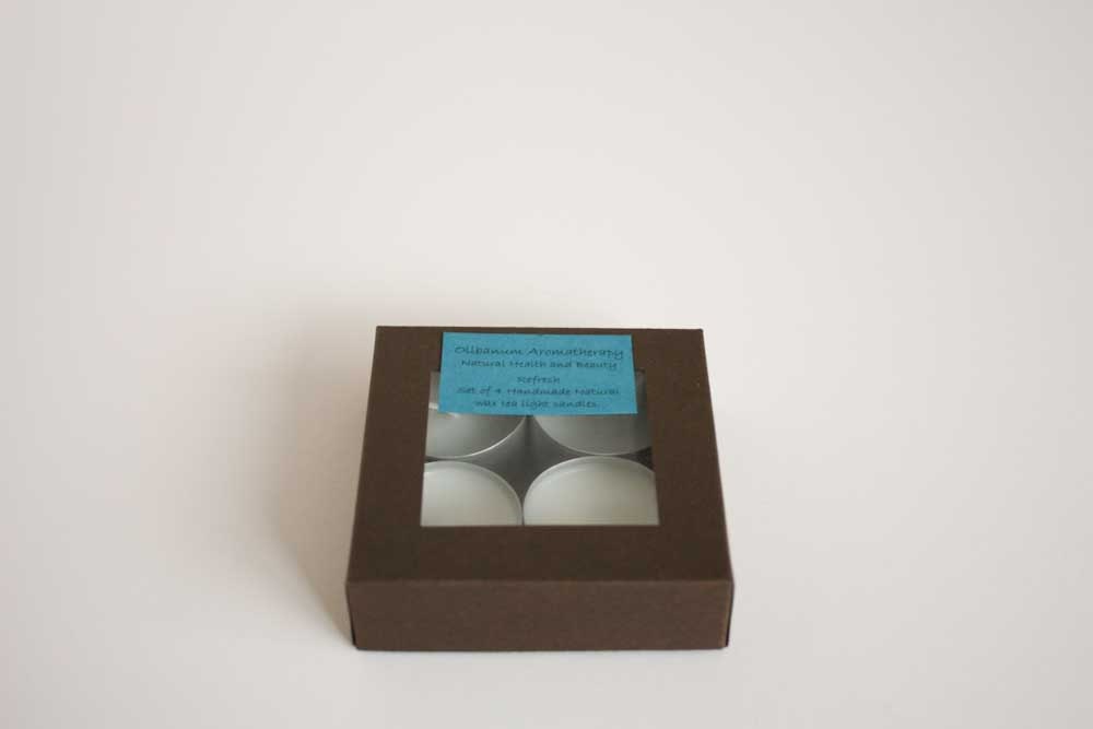Natural wax tea light candles set of 4 in Refresh handmade by Olibanum Aromatherapy in the UK
