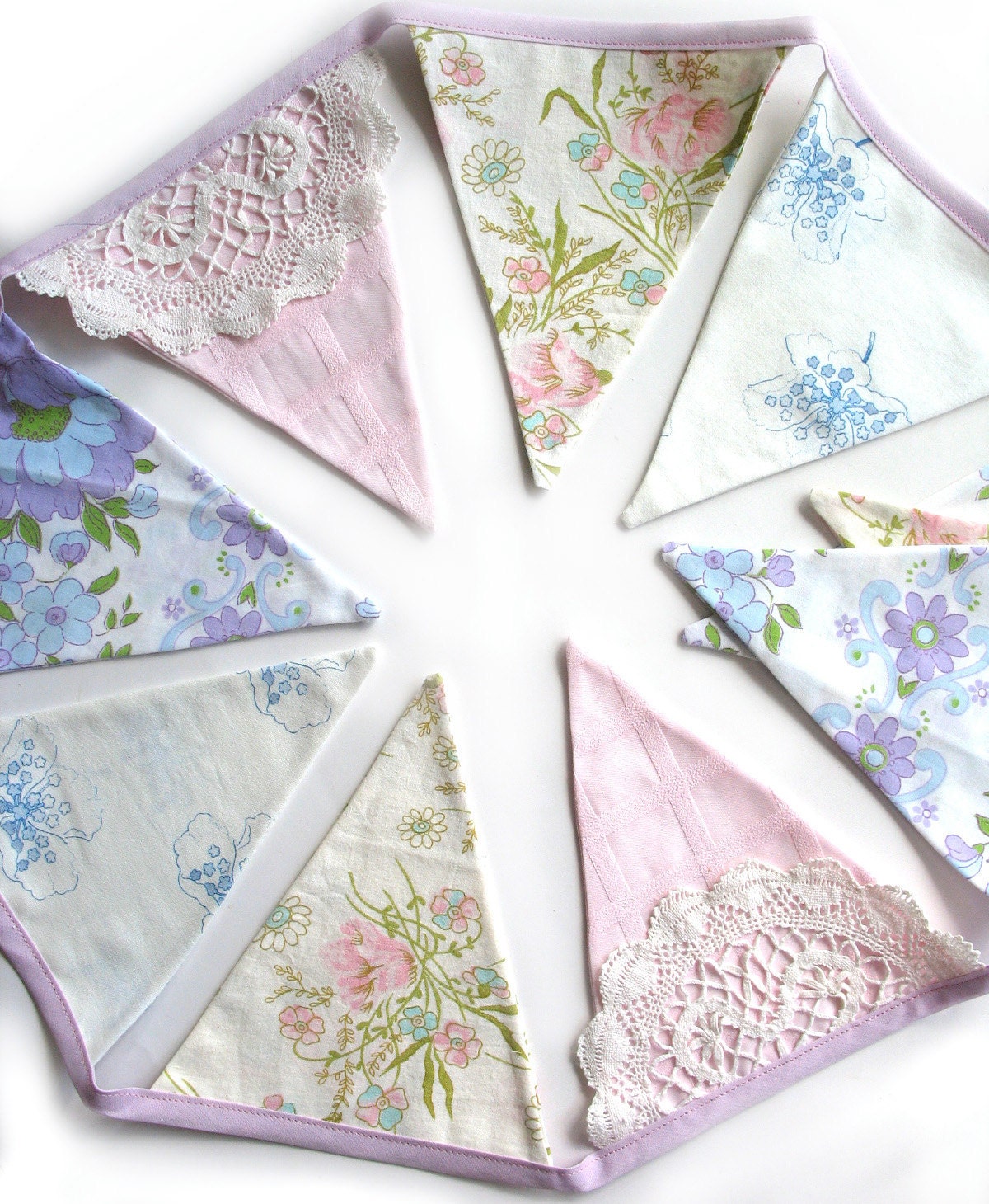 Vintage Pretty Pastel Floral Pink & Lilac Doily Lace, Floral Flag Bunting. Wall hanging, Parties, Party, Wedding etc