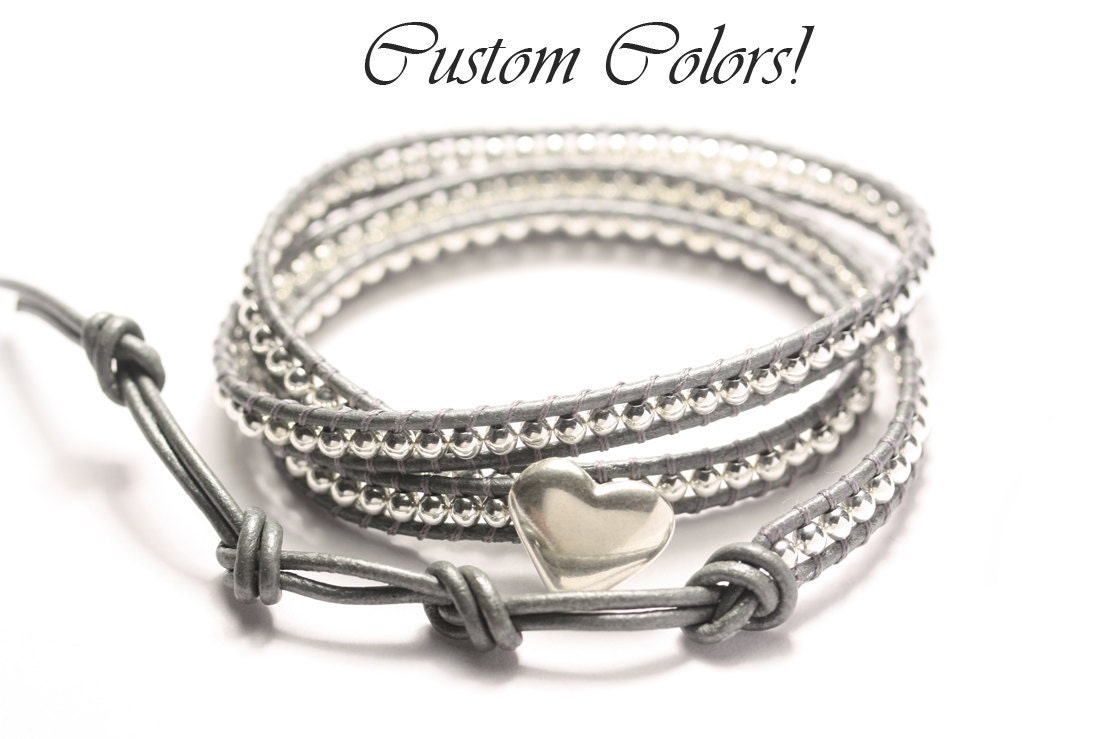 Beaded leather wrap bracelet, Triple wrap, sterling silver, Custom Colors. Made to Order