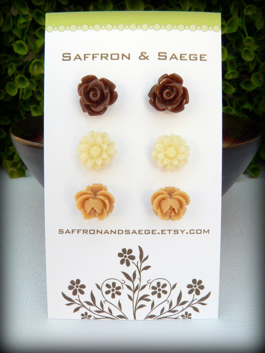 Flower Earring Studs Trio: Chocolate Rose, Ivory Daisy, Caramel Rose Bud