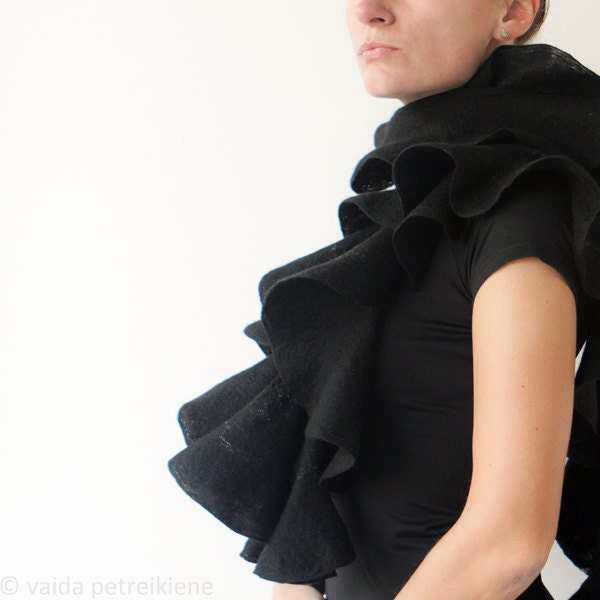 Nuno Felted Ruffle Shawl / Silk and Wool Scarf - Black Elegance - For Gothic Weddings, Any Special Occasion or Everyday Wear