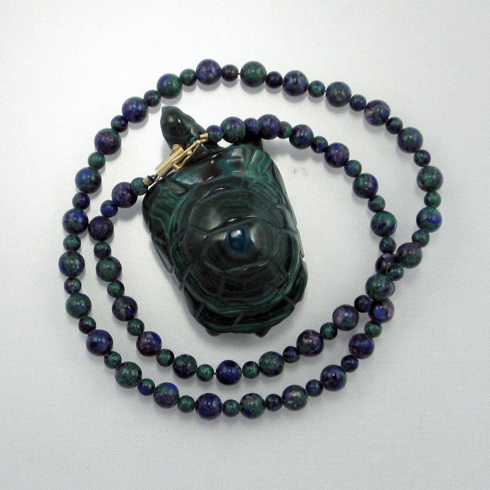 Azurite and Malachite Gemstone Bead Unisex Necklace with 14K Gold Clasp