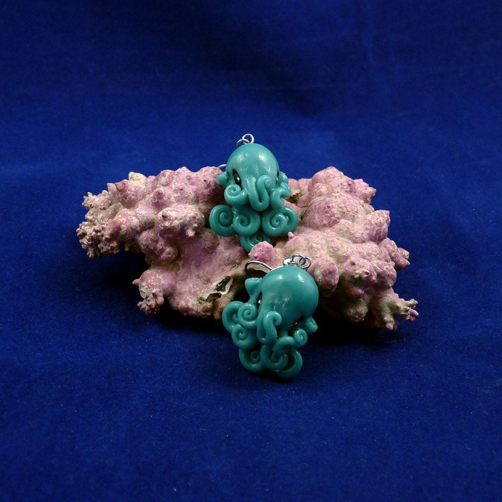 Tropical Sea Octopus Earrings - Blue Polymer Clay Kawaii Jewelry